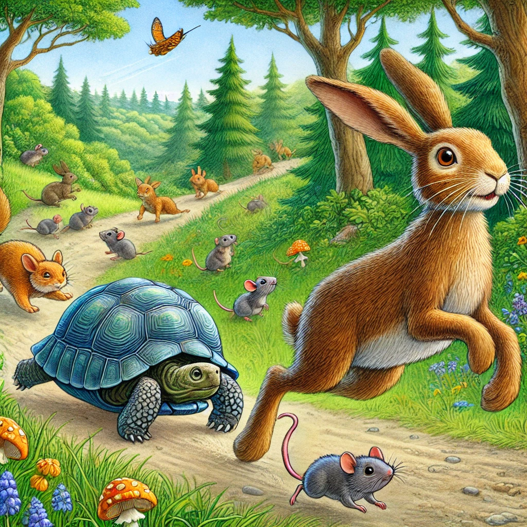 Tortoise chasing a hare down a country lane with squirrels and mice watching and chasing them