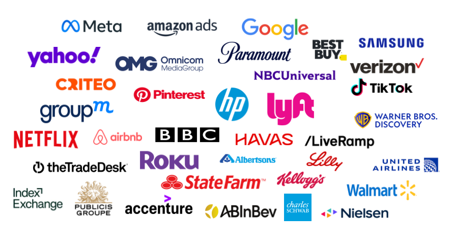 Logos from Brands, Agencies, Tech companies and publishers including United, Best Buy, Group M, Walmart, Roku, HP, NBC, Paramount, and Memphis