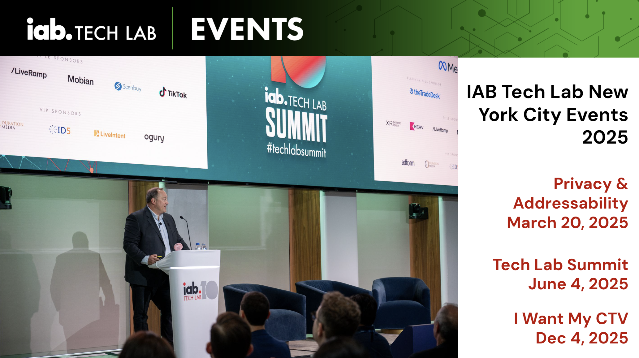 IAB Tech Lab NYC Events 2025 - Privacy and Addressability on March 20, Tech Lab Summit on June 4 AND I Want My CTV on Dec 4